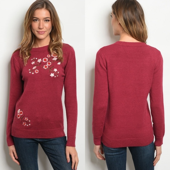 Sweet Claire Tops - 💖Burgundy Sweater with Embroidered Flowers